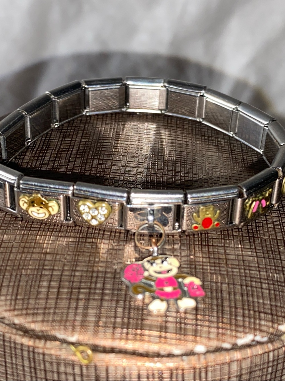 Silver Stretch Charm Bracelet with Pink Enamel Monkey